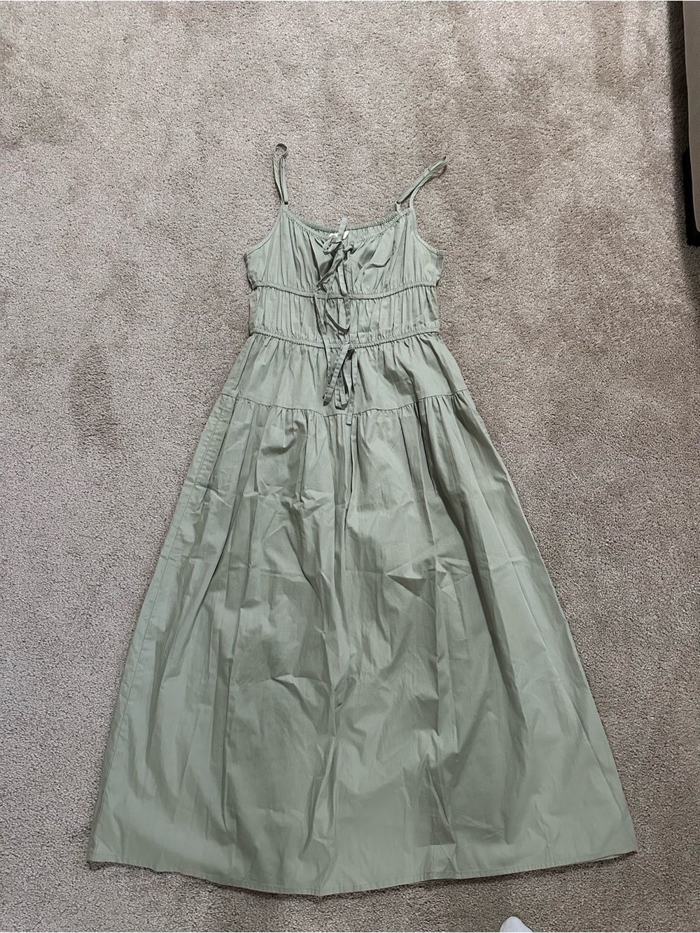 Sage Green Maxi Dress with Cinched Waist Tie Front and Pockets